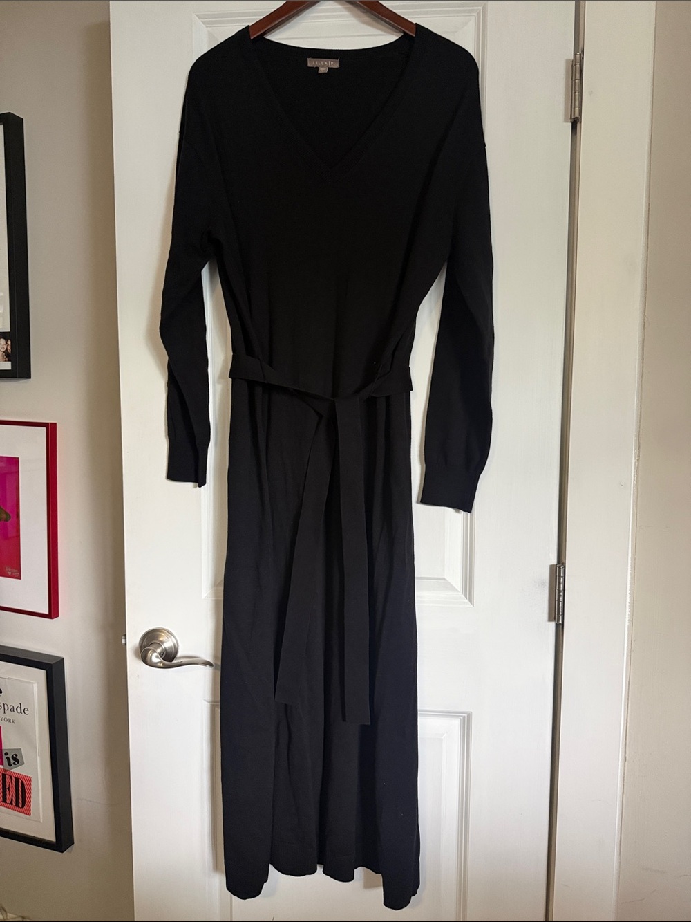 Lilla P Black V-Neck Long Sleeve Maxi Dress with Tie Waist